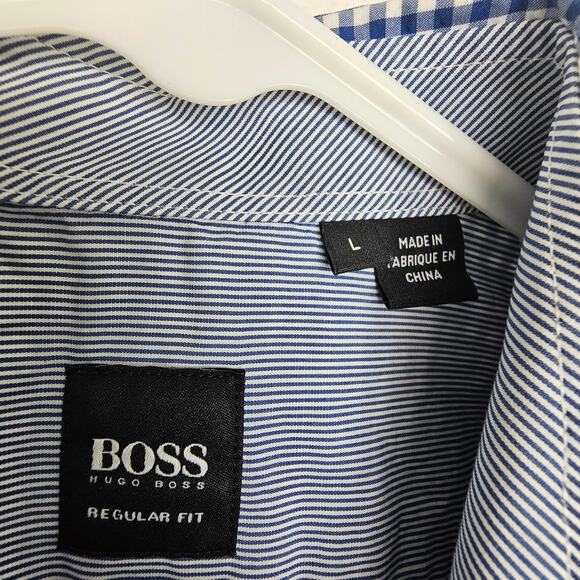 Boss Hugo Boss Shirt Blue White Checker Gingham Dress Shirt Men L Regular Fit - Picture 6 of 8